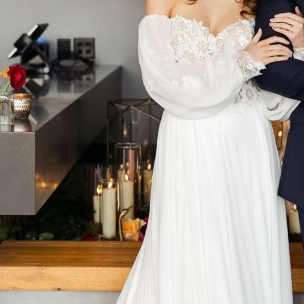 Lillian West Wedding Gown‎ Off the Shoulder Style 66228 With Slit Ethereal Boho - Picture 6 of 16